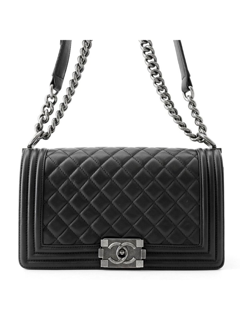 Chanel Chain Shoulder Bag Quilted CC Logo Boy Lambskin Black